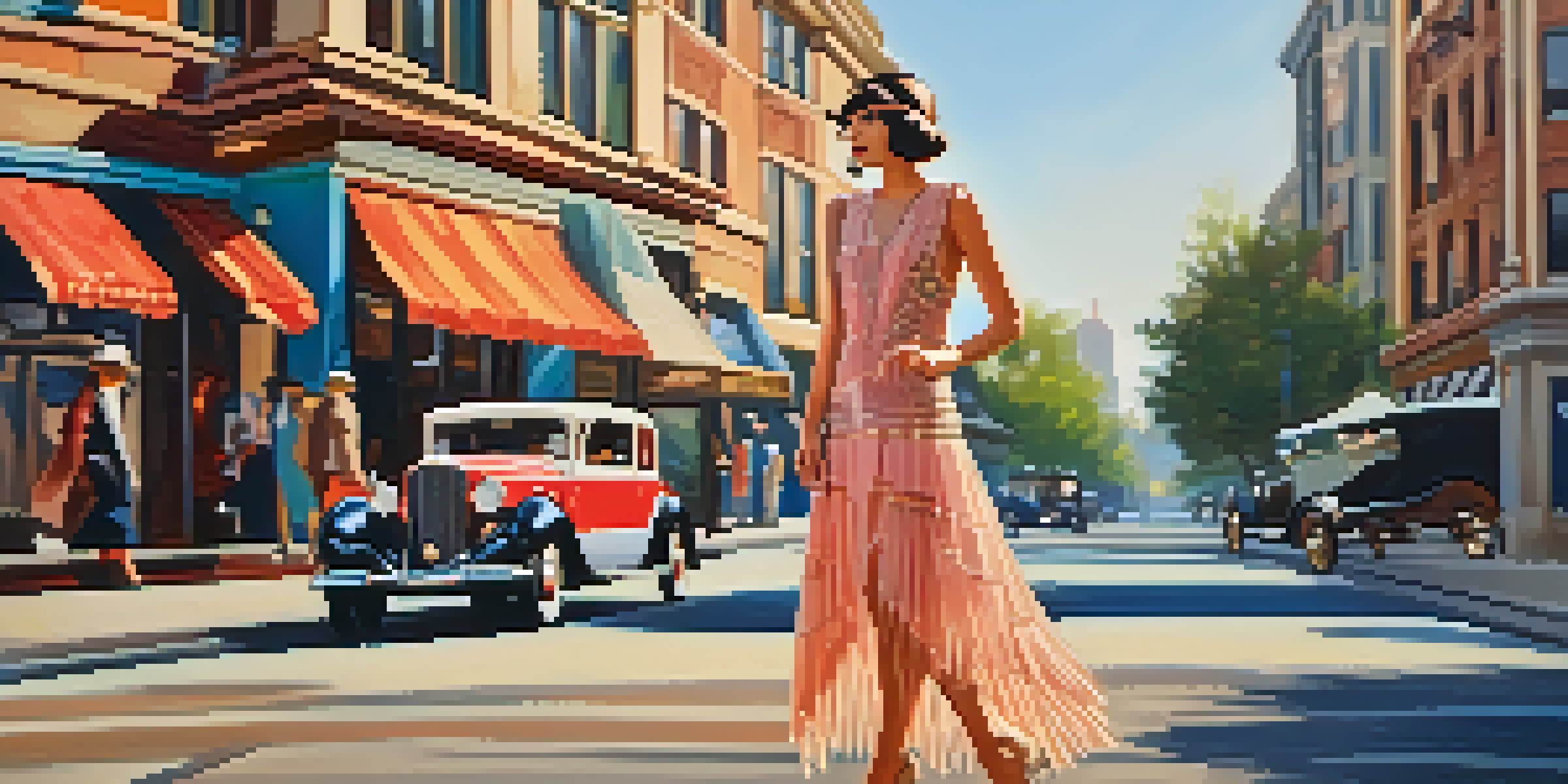 A model wearing a 1920s flapper dress twirls in an urban setting, surrounded by vintage cars and buildings, with warm evening light enhancing the scene.