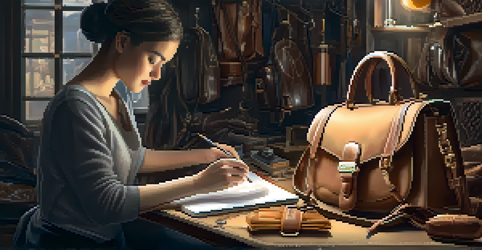 An artisan workshop with a designer working on a luxury handbag, showing detailed textures and a tablet displaying blockchain verification.