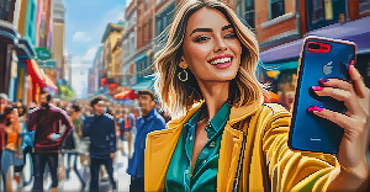 A fashionable influencer taking a selfie in a bustling city street, showcasing the vibrant urban fashion scene.