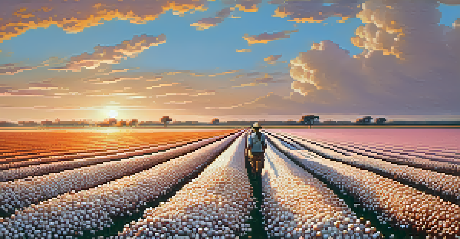 A cotton field at sunset, with rows of cotton plants and a farmer in the distance, showcasing the beauty of sustainable agriculture.