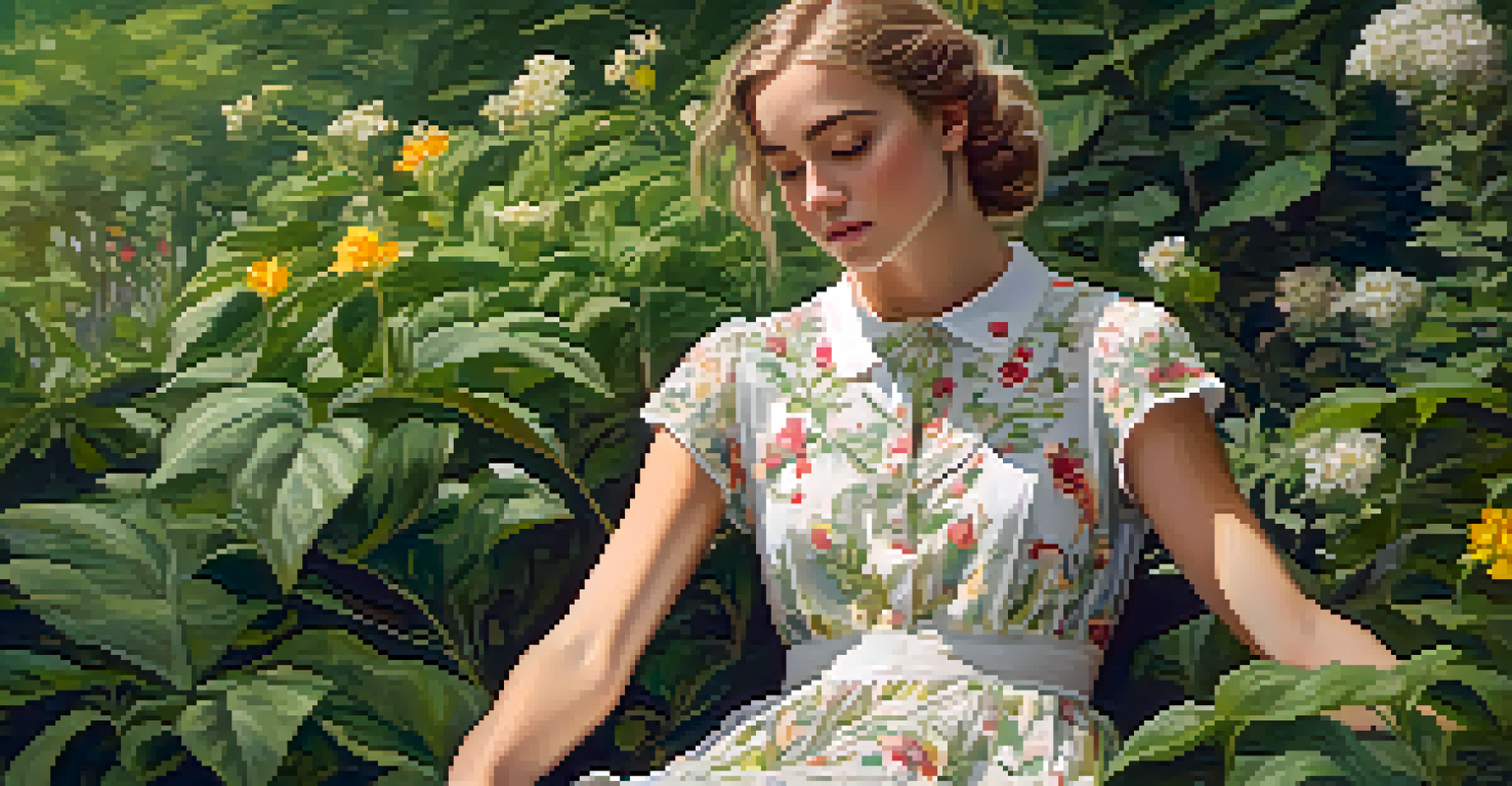 A young person in a floral dress embracing a cottagecore aesthetic, surrounded by nature and wildflowers, with gentle sunlight filtering through the trees.