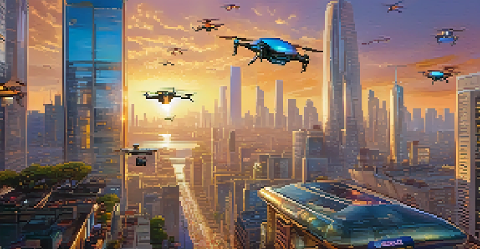 A vibrant city with drones delivering fashion items during sunset, showcasing modern buildings and colorful packages.
