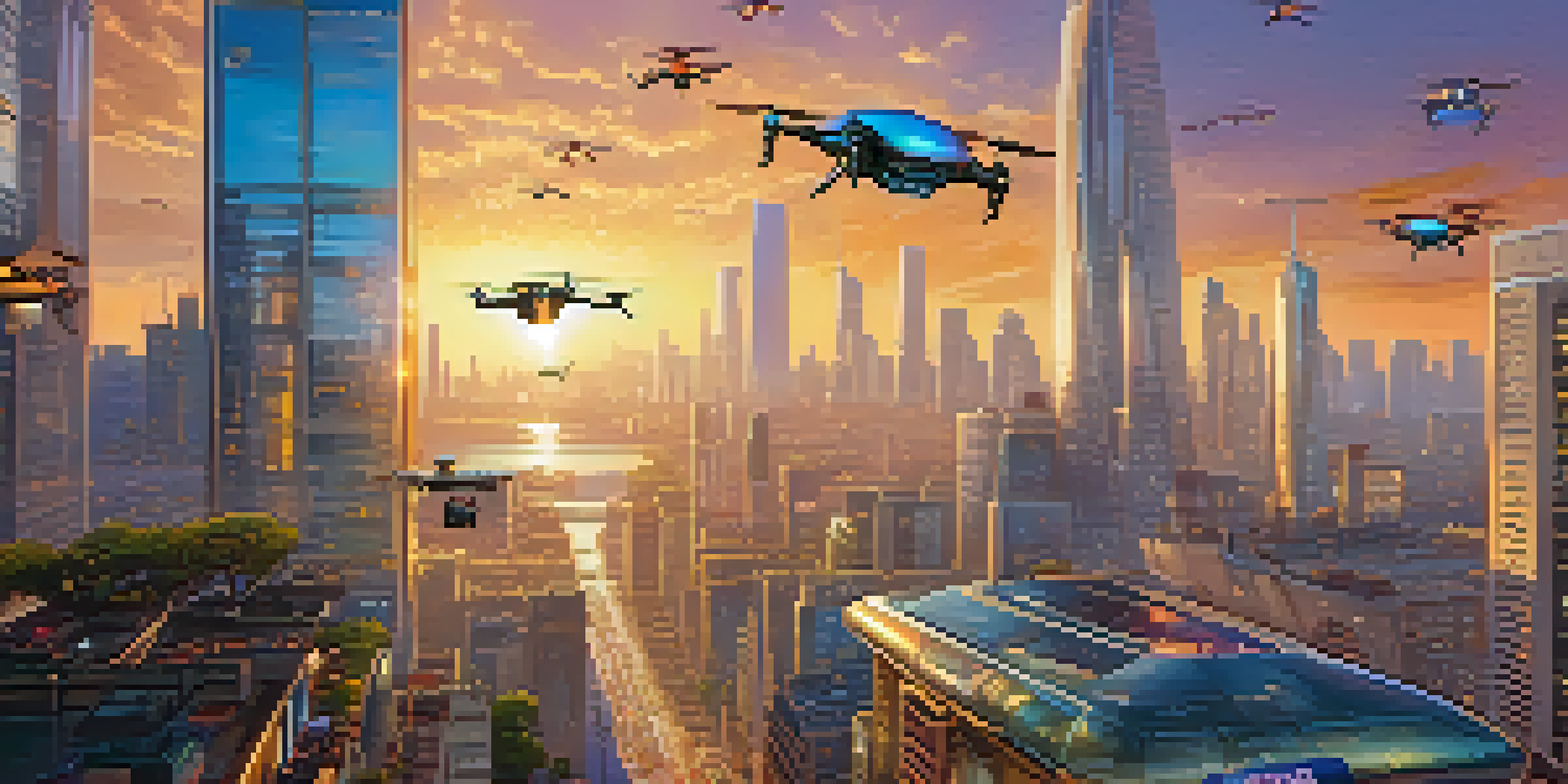 A vibrant city with drones delivering fashion items during sunset, showcasing modern buildings and colorful packages.