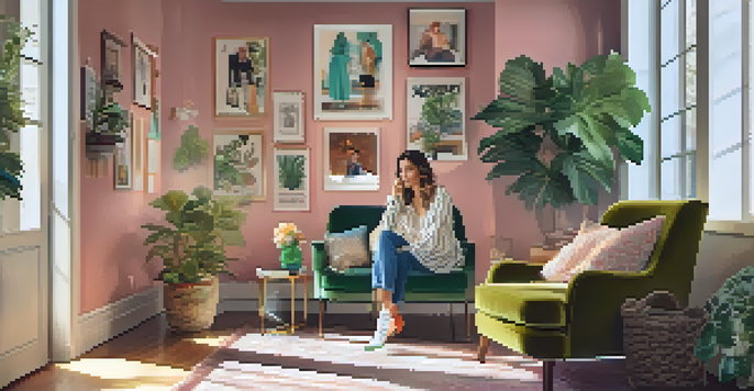 A fashion influencer in a cozy room, looking through a lookbook with colorful outfits and framed illustrations on the walls.