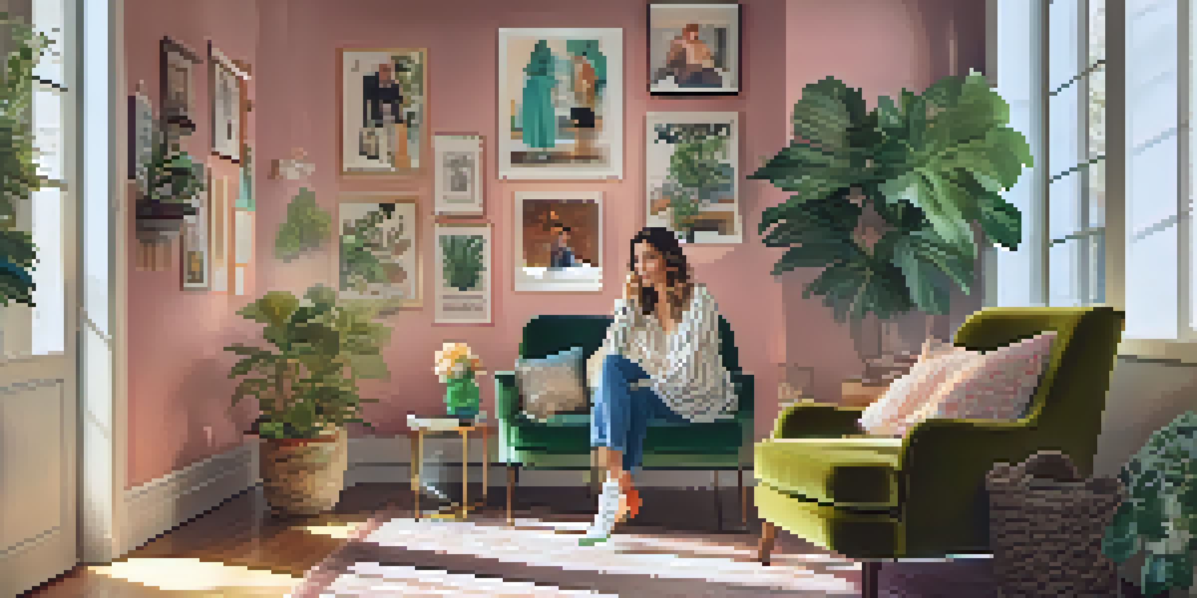 A fashion influencer in a cozy room, looking through a lookbook with colorful outfits and framed illustrations on the walls.