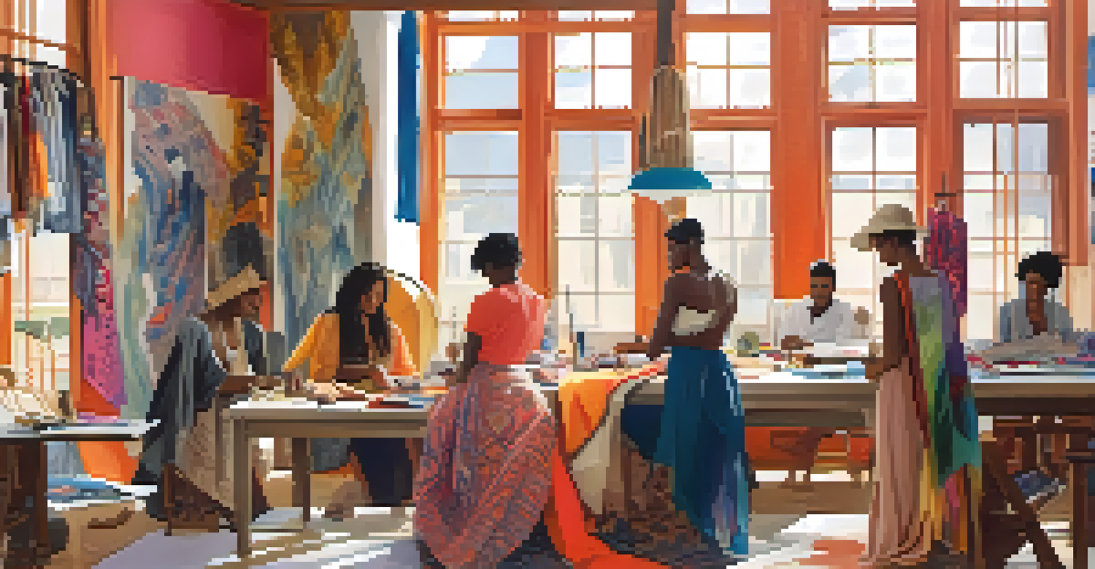 A workshop with fashion designers and cultural artisans discussing fabric designs, surrounded by vibrant textiles and sketches under warm natural light.