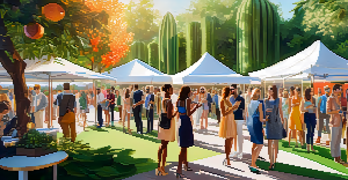 A lively outdoor fashion PR event with diverse attendees engaging with displays under bright sunlight.