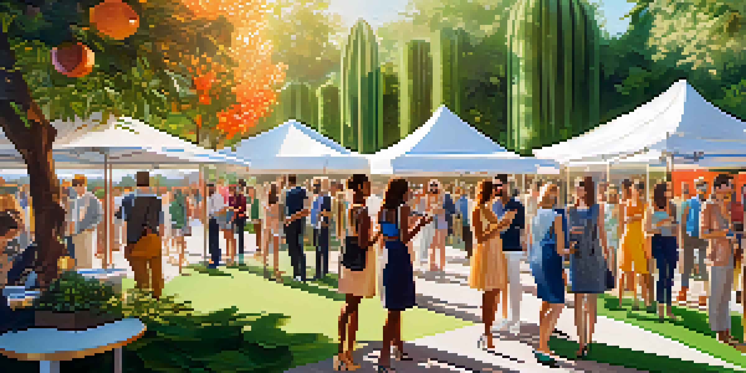 A lively outdoor fashion PR event with diverse attendees engaging with displays under bright sunlight.