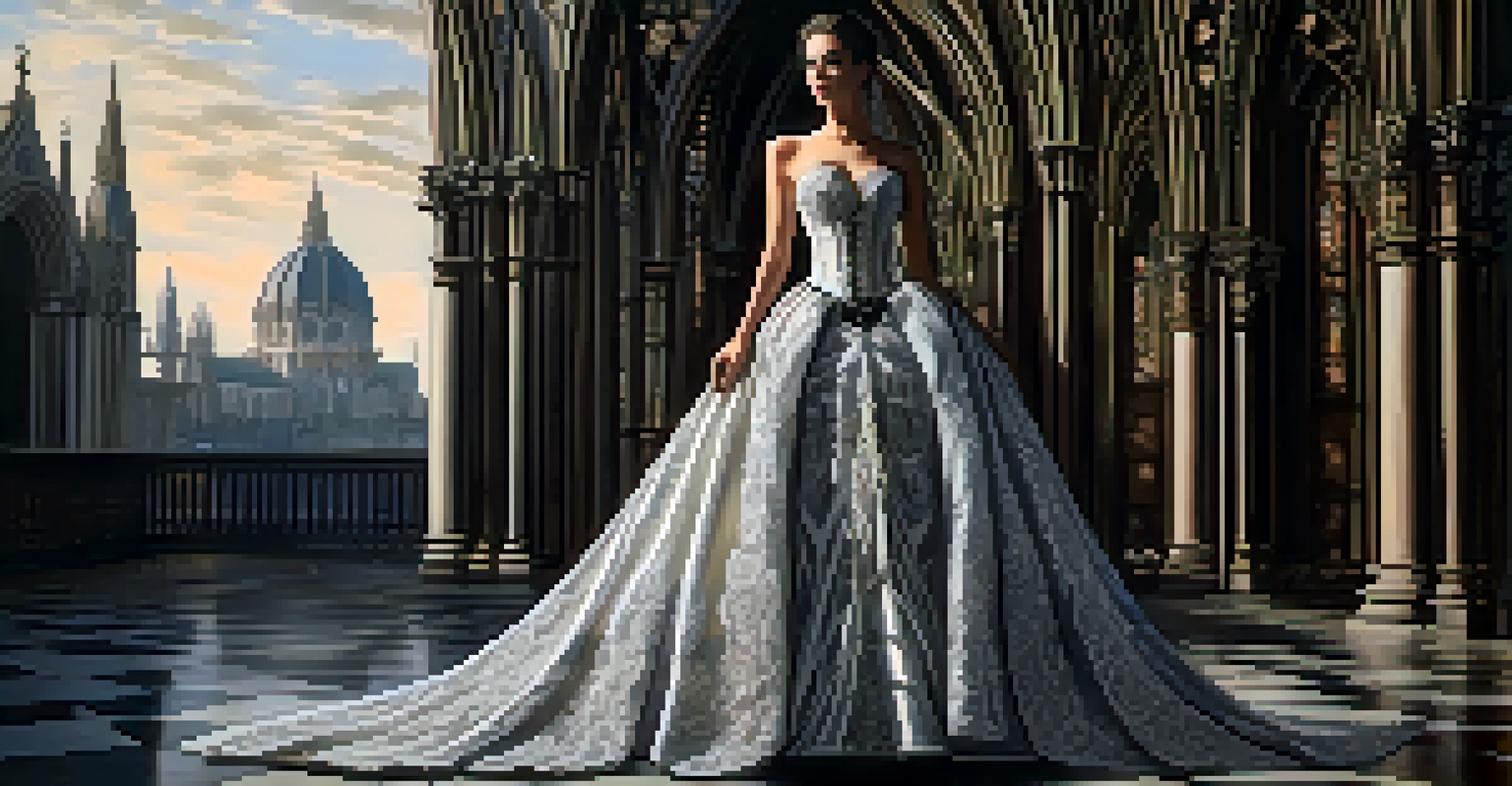 A Gothic-inspired fashion piece with a corseted waist and voluminous skirt, set against a Gothic cathedral background.
