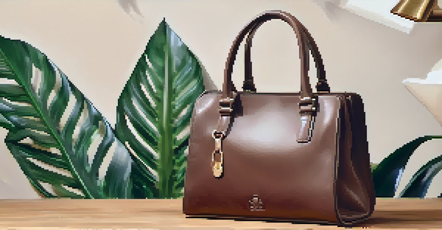 A close-up of a cruelty-free leather handbag made from plant-based materials, held in a hand with ethical fashion labels in the background.