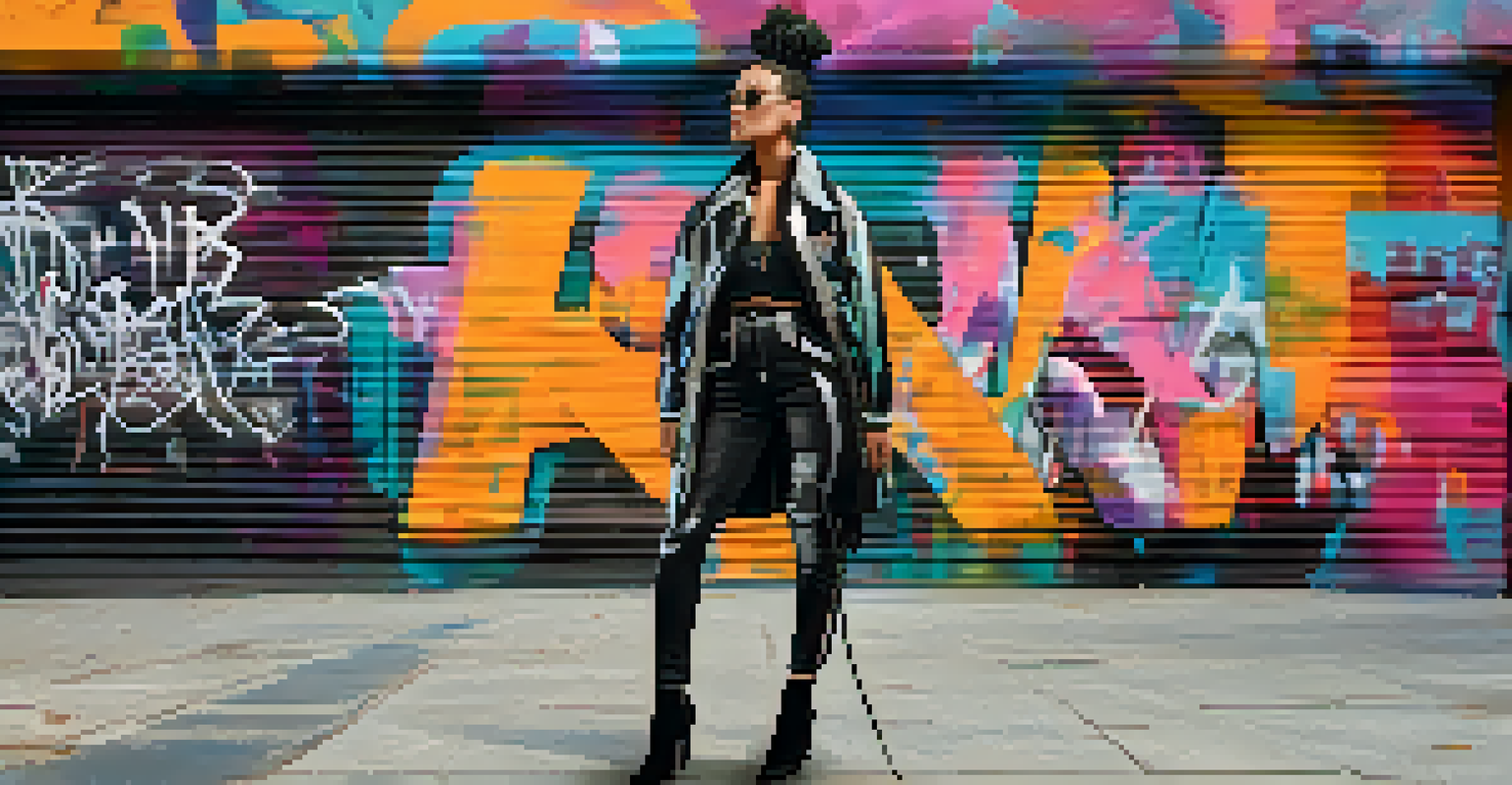 A fashion influencer posing in a stylish outfit made from recycled materials against a colorful urban backdrop.