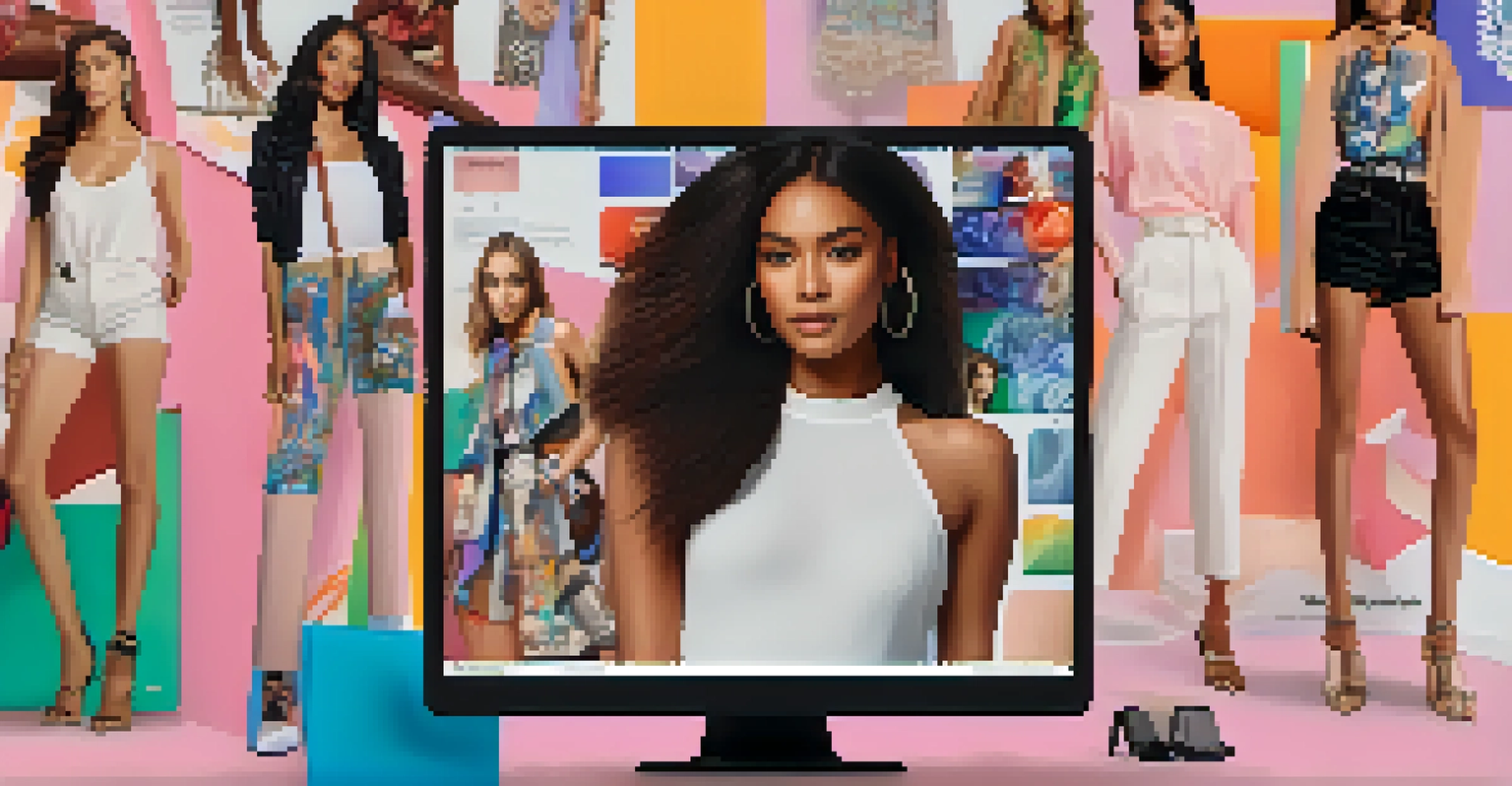 A lively social media feed featuring fashion influencers of diverse ethnicities showcasing trendy outfits in a stylish workspace.