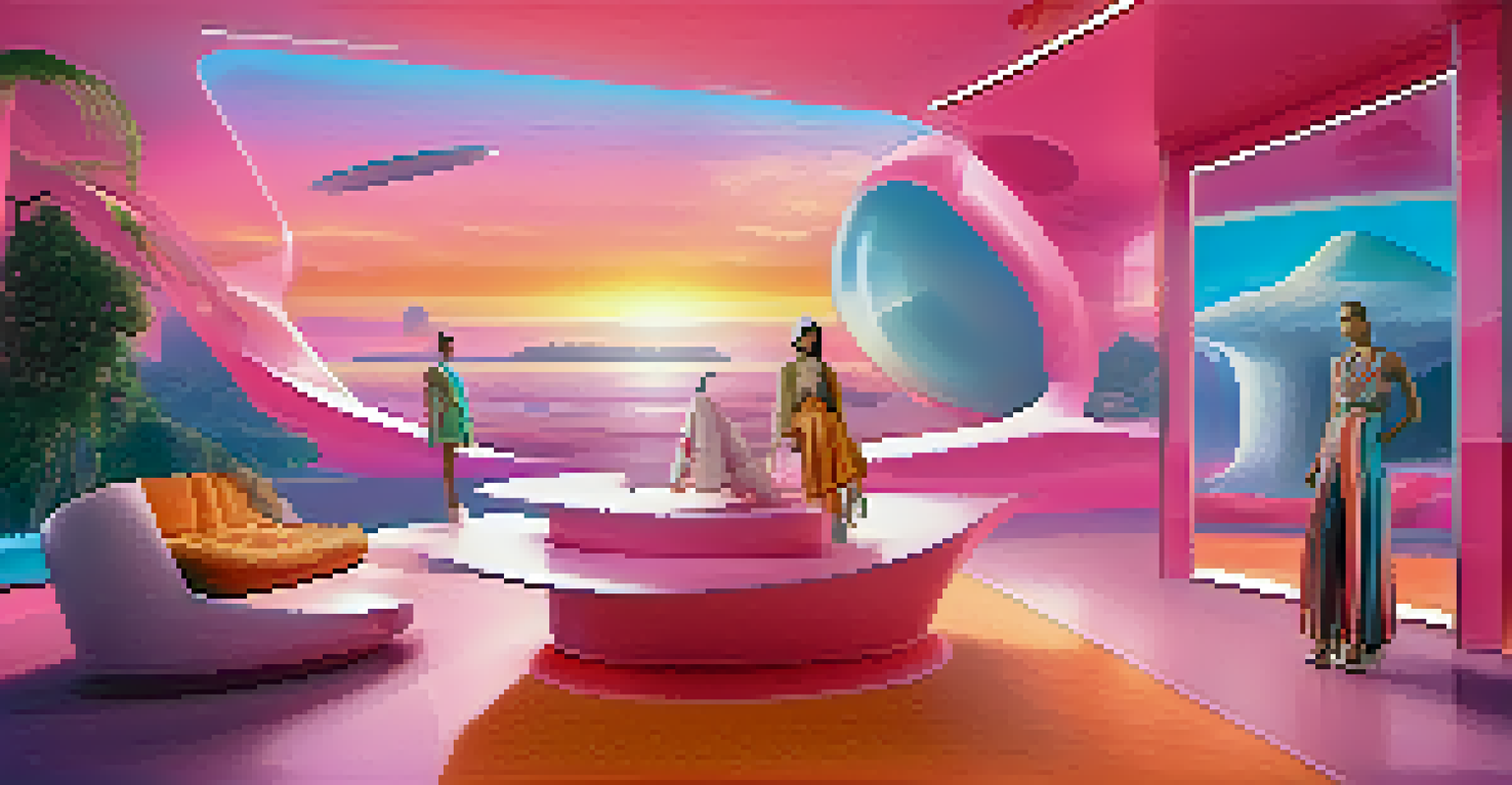 A futuristic fashion boutique in a surreal landscape with models trying on avant-garde outfits against a vibrant sunset sky.