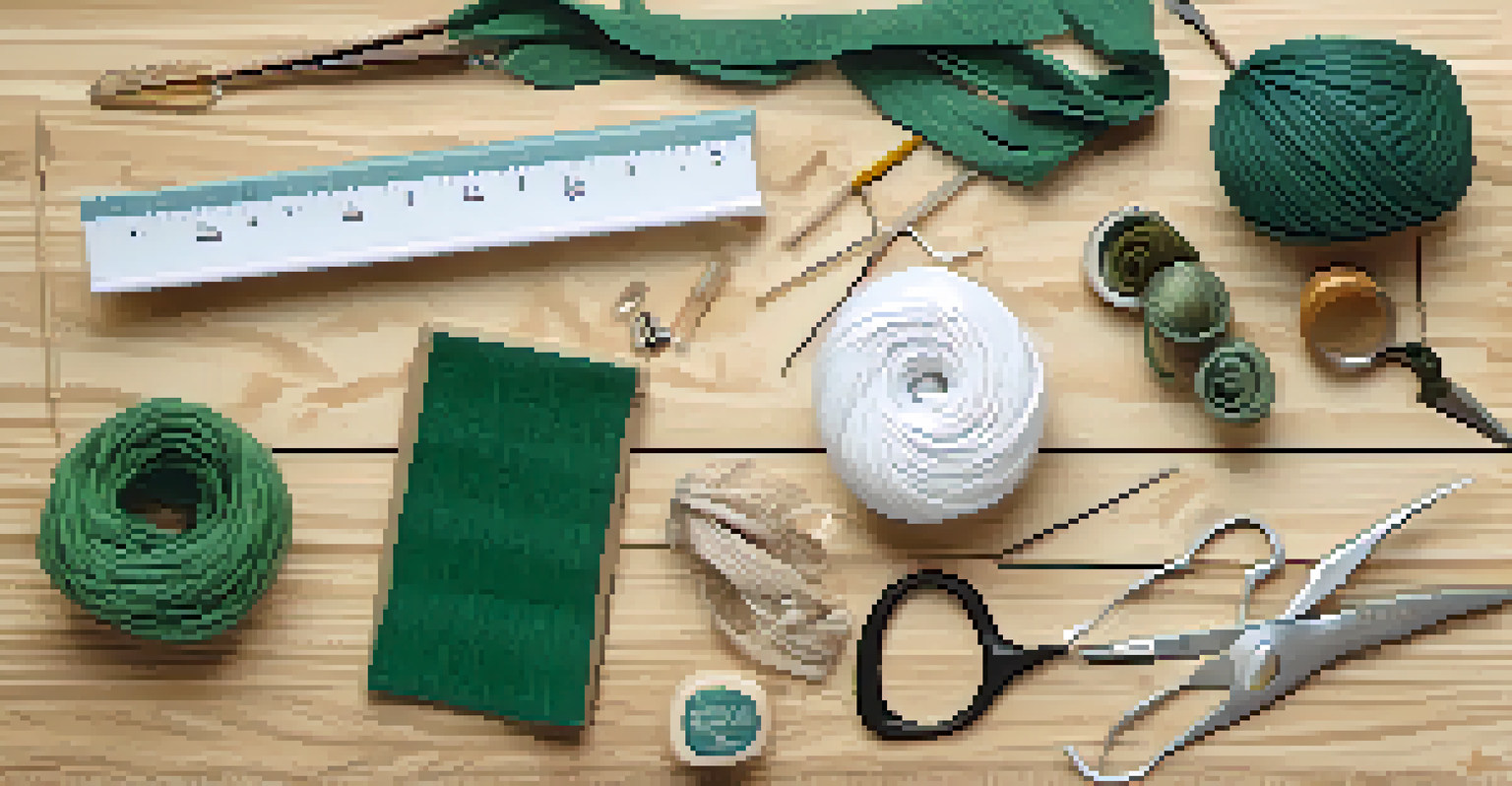 A flat lay of sustainable fashion materials and sewing tools on a rustic wooden table.