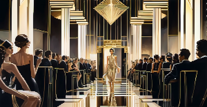 A high-fashion runway featuring models in Art Deco-inspired outfits with geometric patterns, surrounded by an elegant audience in soft lighting.