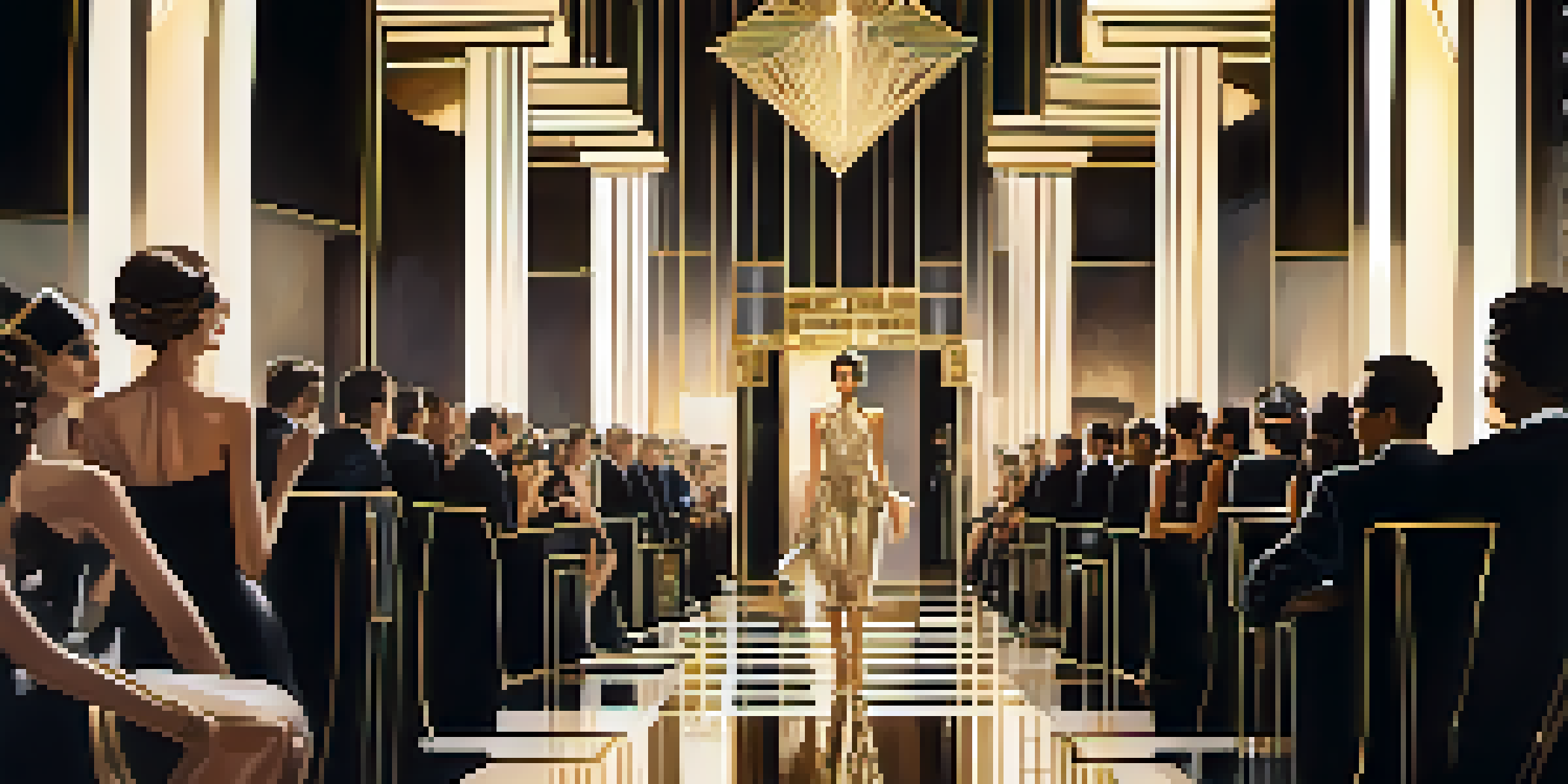 A high-fashion runway featuring models in Art Deco-inspired outfits with geometric patterns, surrounded by an elegant audience in soft lighting.