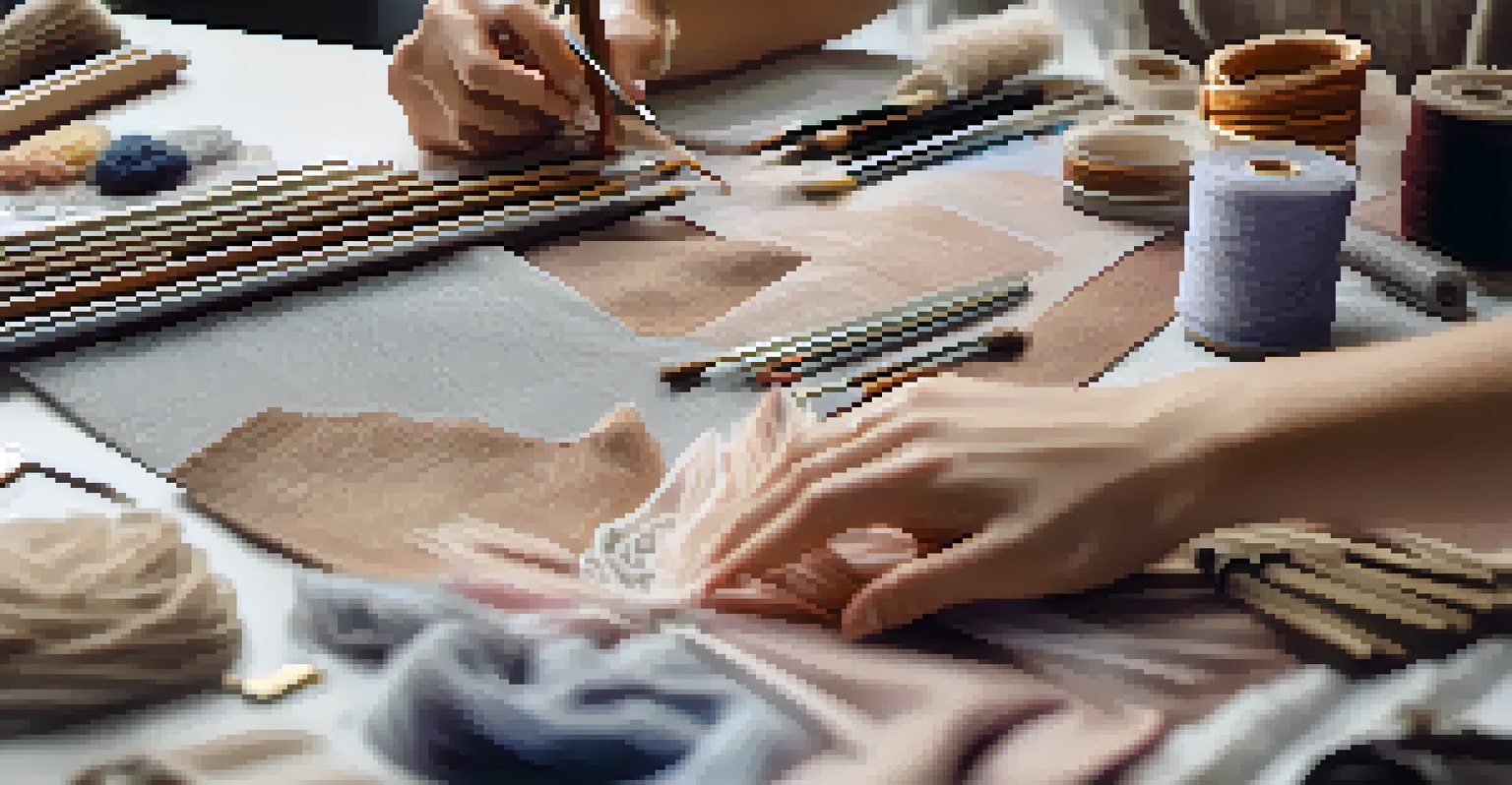 Close-up of hands selecting fabrics and tools for a fashion design project on a table.