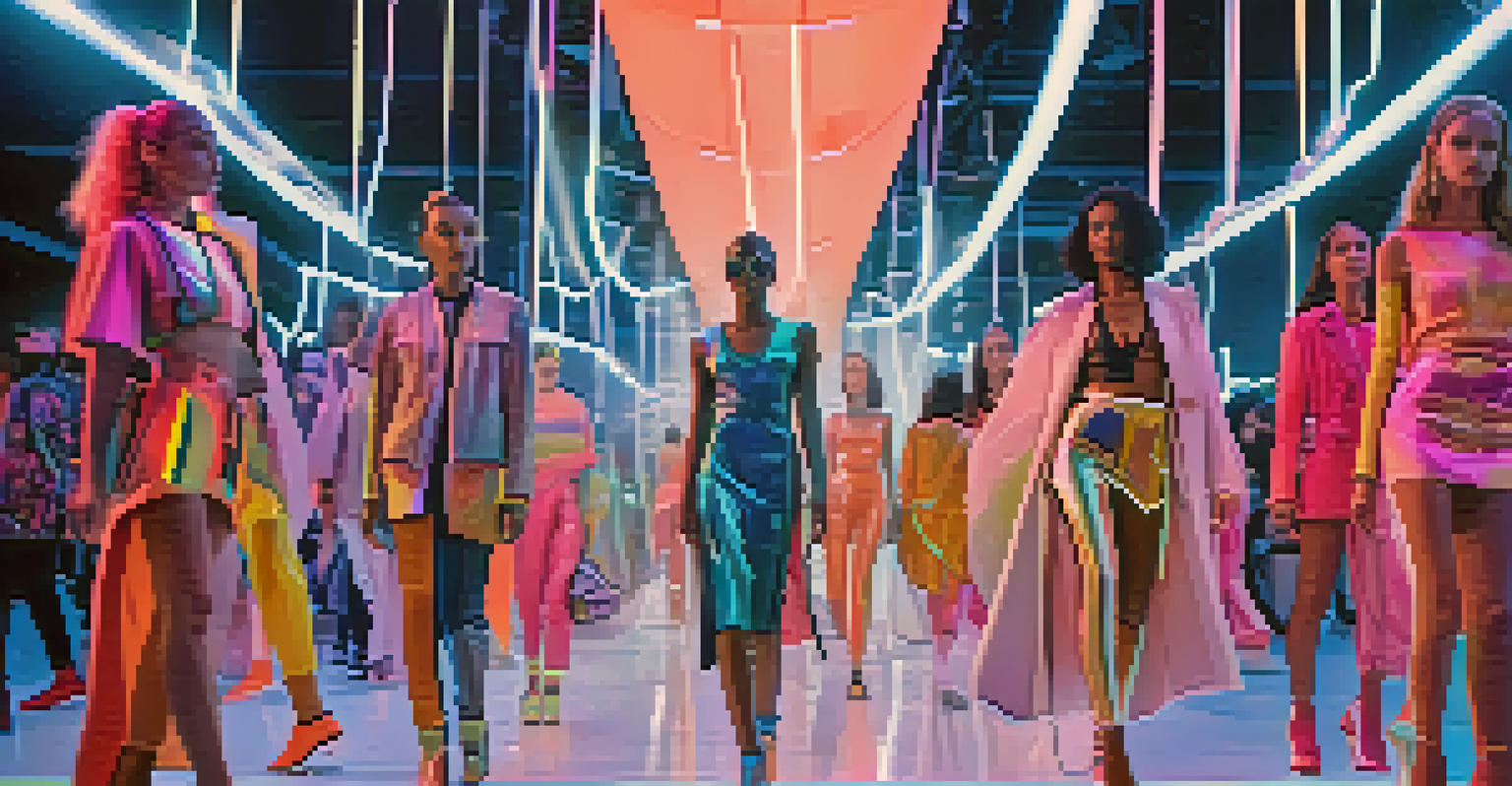 A futuristic fashion show with models on a digital runway, showcasing innovative clothing with augmented reality elements and holographic displays.