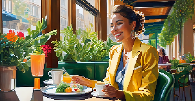 A woman in a color-changing smart jacket at a café, surrounded by plants and people, enjoying her brunch in a sunny atmosphere.