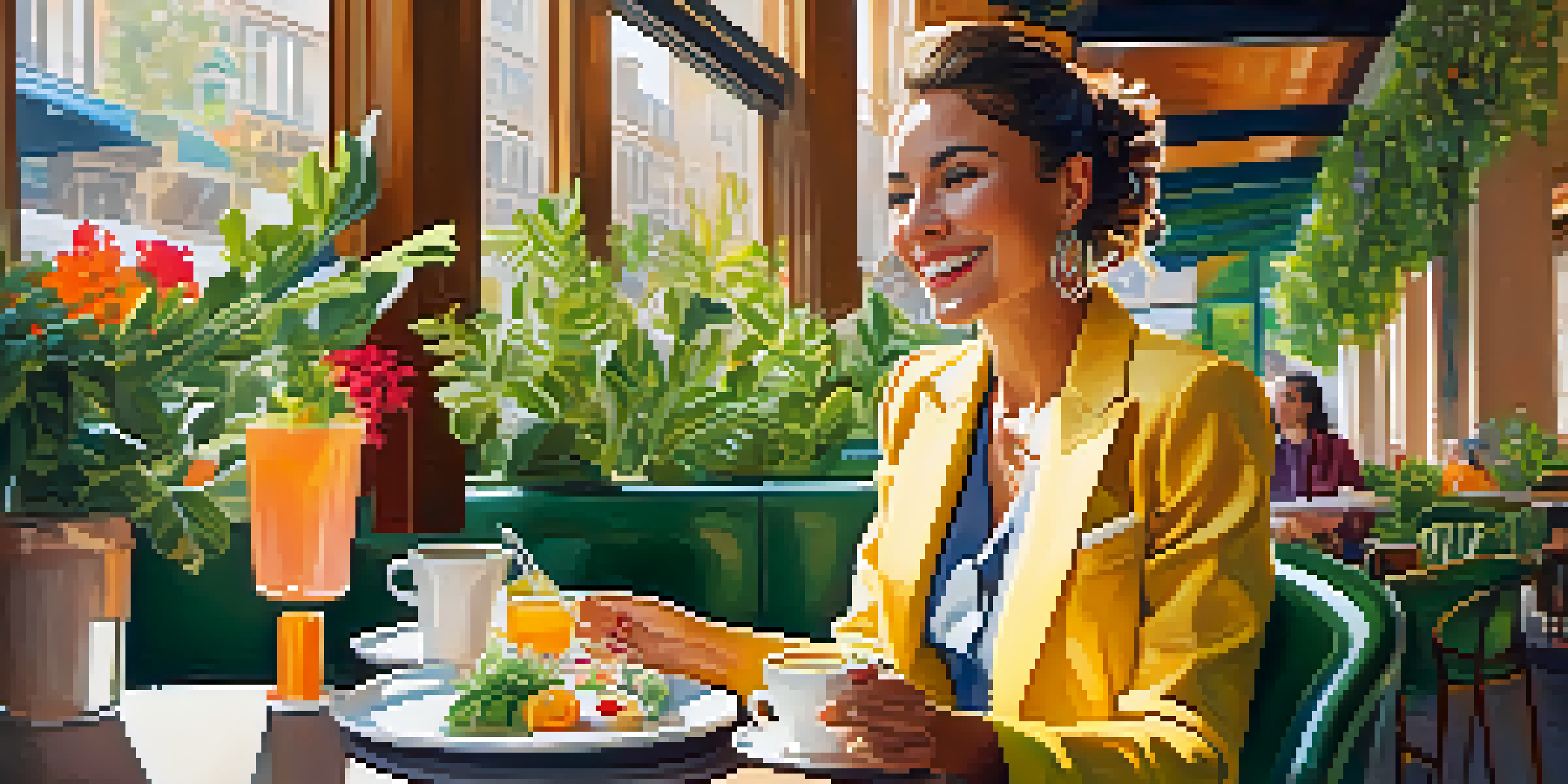 A woman in a color-changing smart jacket at a café, surrounded by plants and people, enjoying her brunch in a sunny atmosphere.