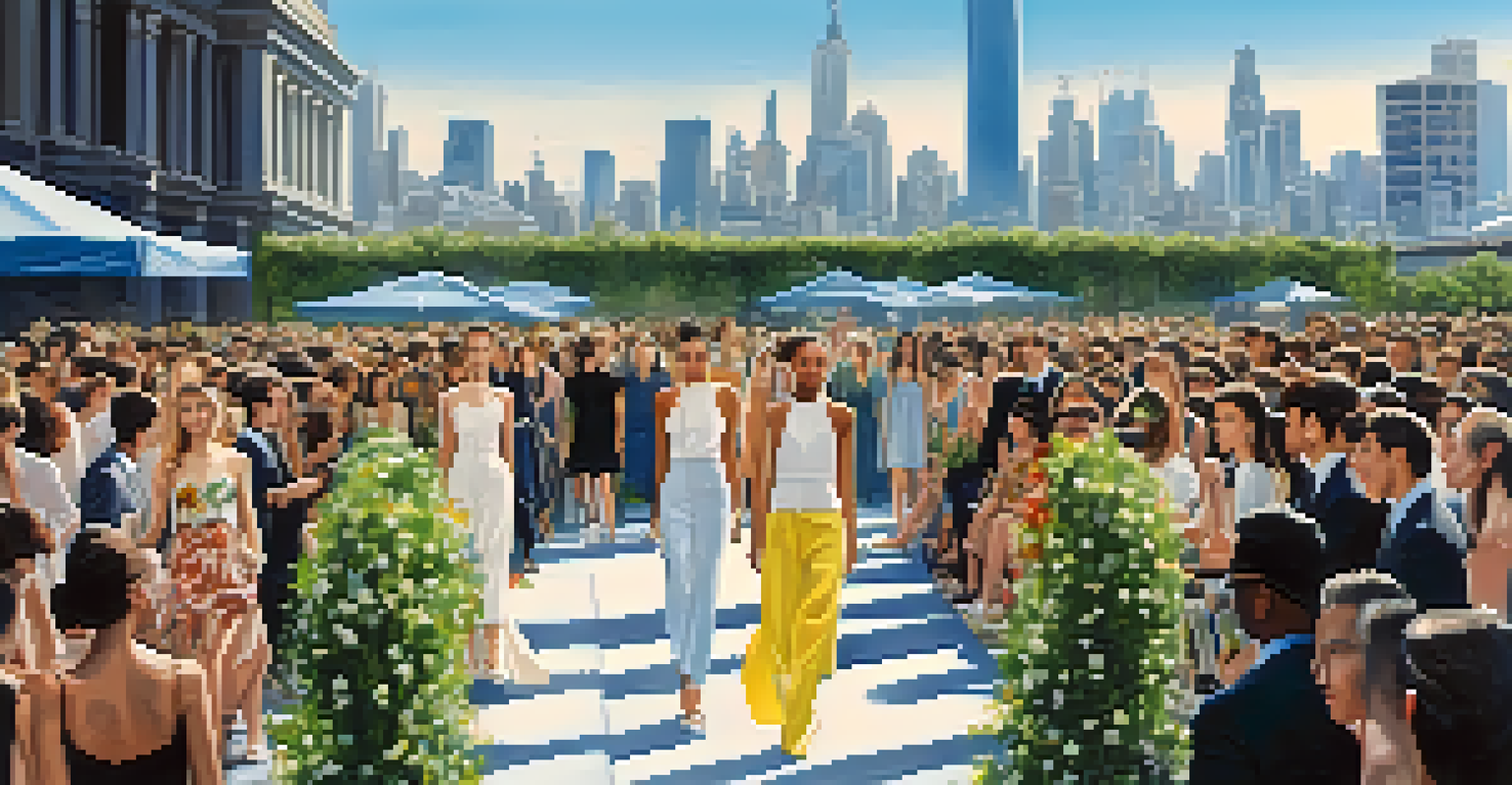 A vibrant outdoor fashion show with models on the runway and a city skyline in the background.