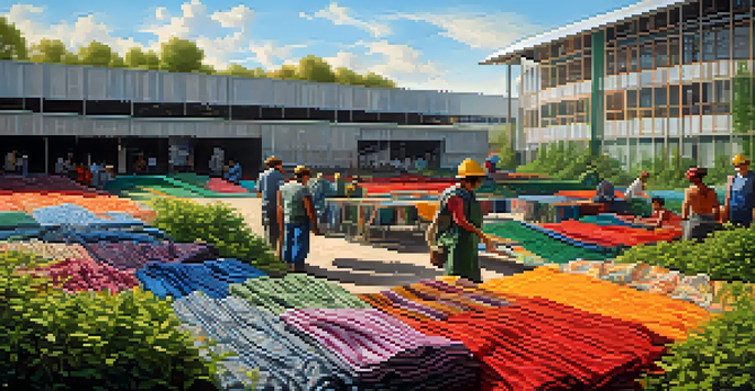 A textile recycling facility with workers sorting colorful fabrics under sunlight, surrounded by stacks of discarded clothing and greenery.