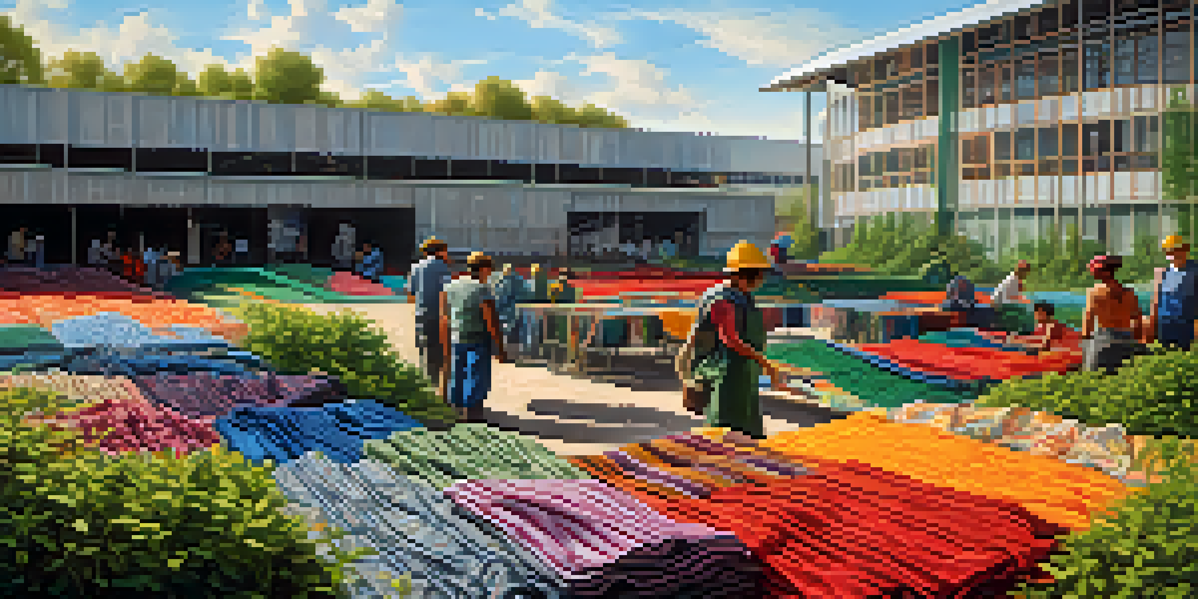 A textile recycling facility with workers sorting colorful fabrics under sunlight, surrounded by stacks of discarded clothing and greenery.