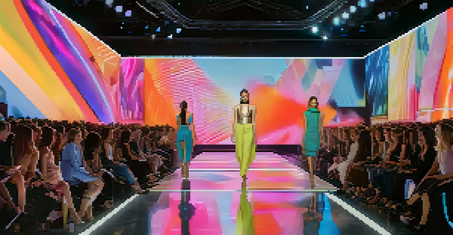 A futuristic virtual fashion show with models on a digital runway, showcasing interactive audience feedback and vibrant lighting.