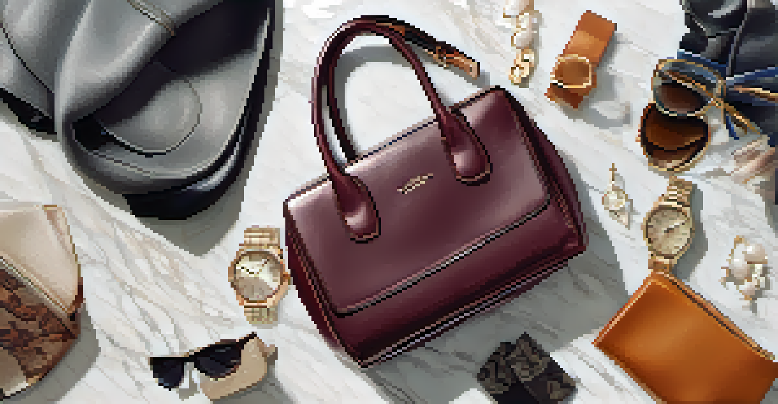 An overhead view of a stylish leather handbag on a marble table, accompanied by sunglasses, a watch, and a scarf, showcasing a fashionable arrangement.