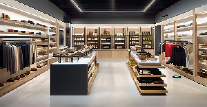 A contemporary retail store with physical products and digital screens showing online shopping options, featuring a customer using a smart mirror.