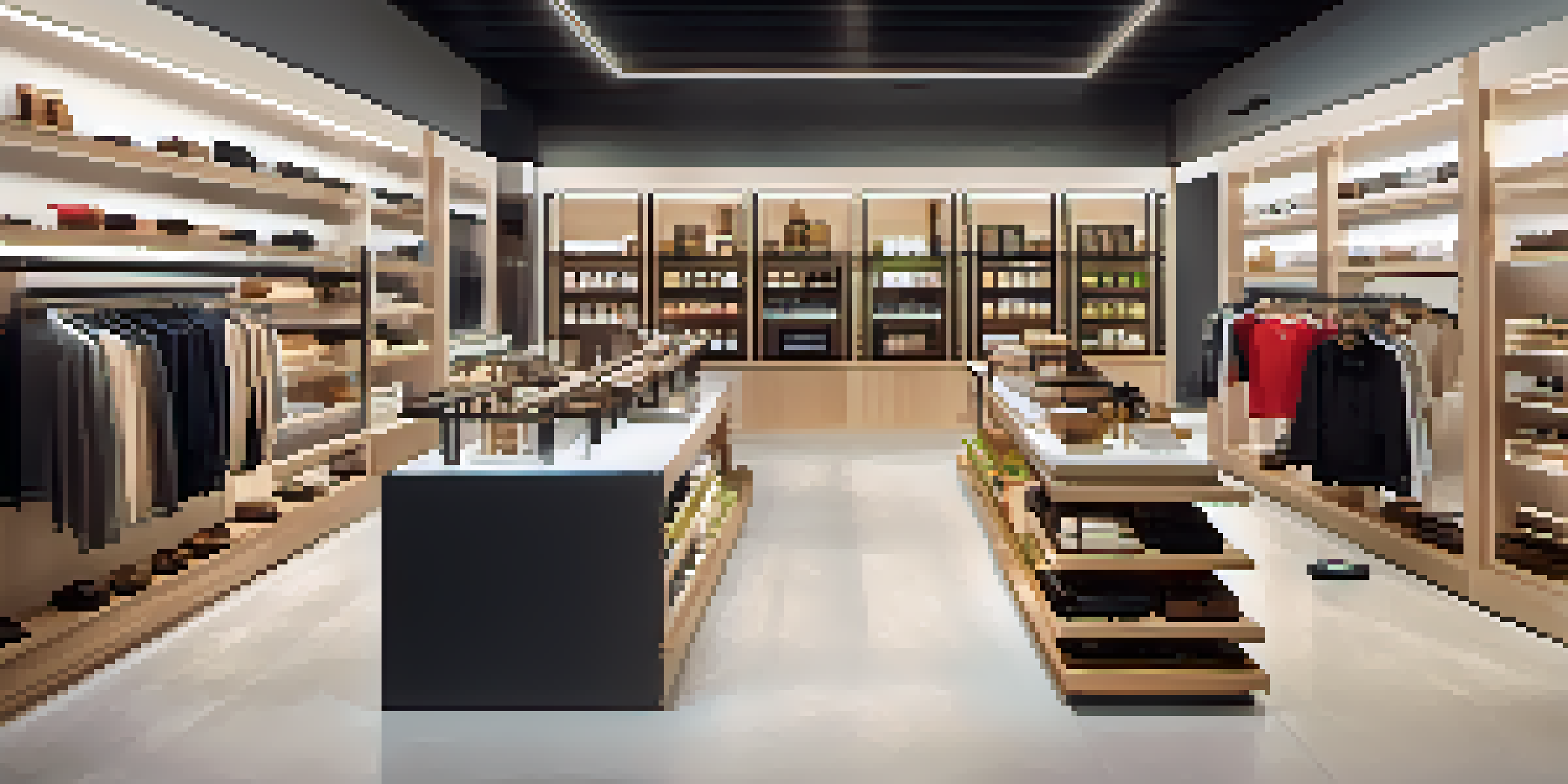A contemporary retail store with physical products and digital screens showing online shopping options, featuring a customer using a smart mirror.