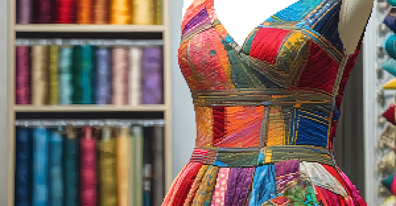 A close-up of a beautifully crafted upcycled dress on a mannequin, highlighting intricate stitching and vibrant colors, set in a softly lit room filled with sewing materials.