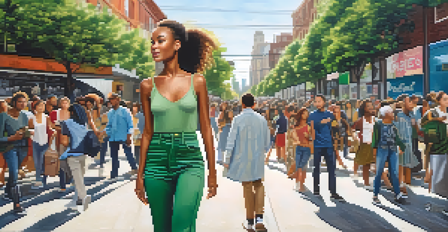 A model in eco-friendly clothing walking in an urban setting, with a mural promoting social advocacy in the background.