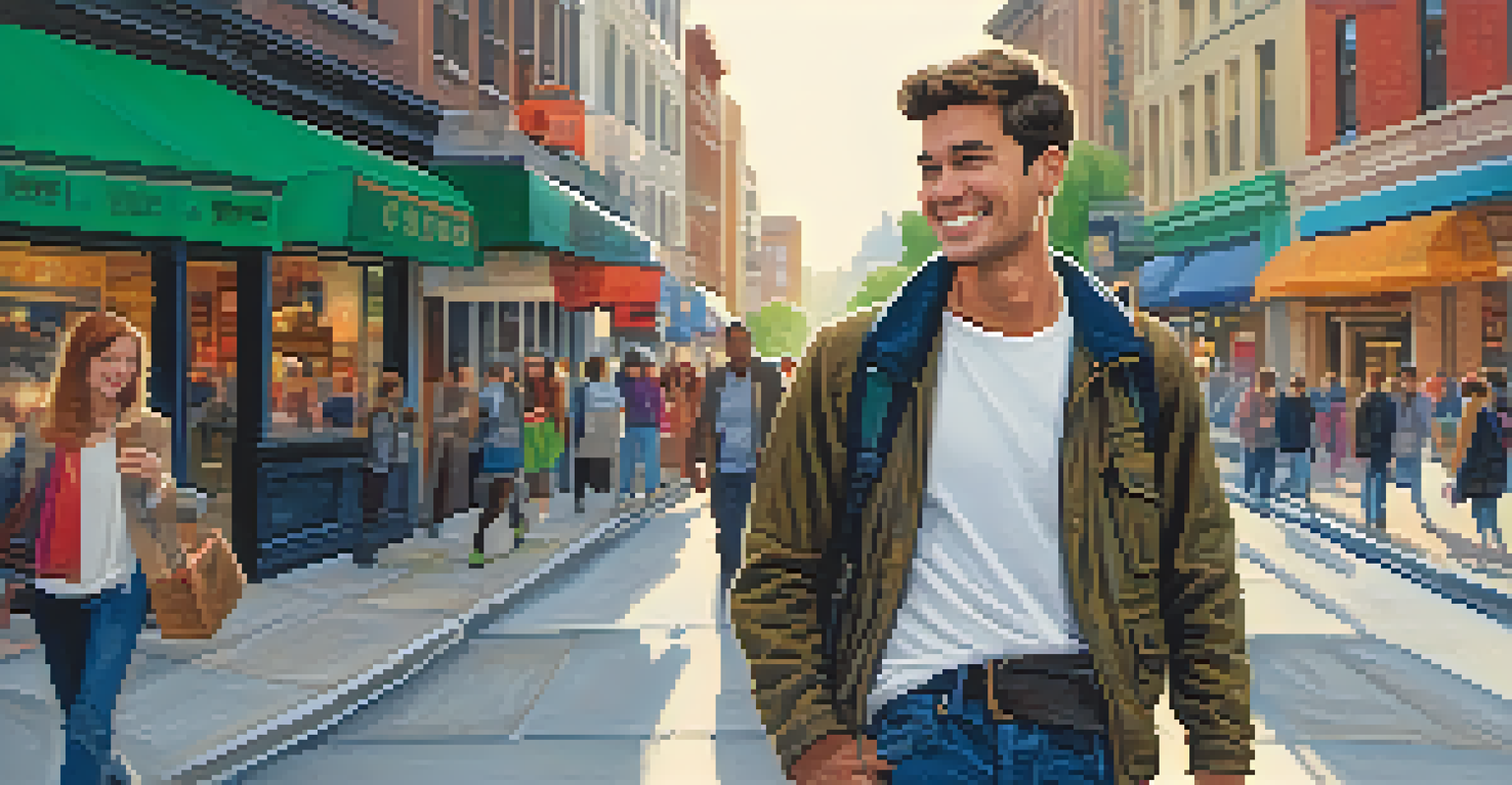 A traveler in a city, wearing a white t-shirt and dark jeans, with a jacket on their arm, smiling and holding a crossbody bag.