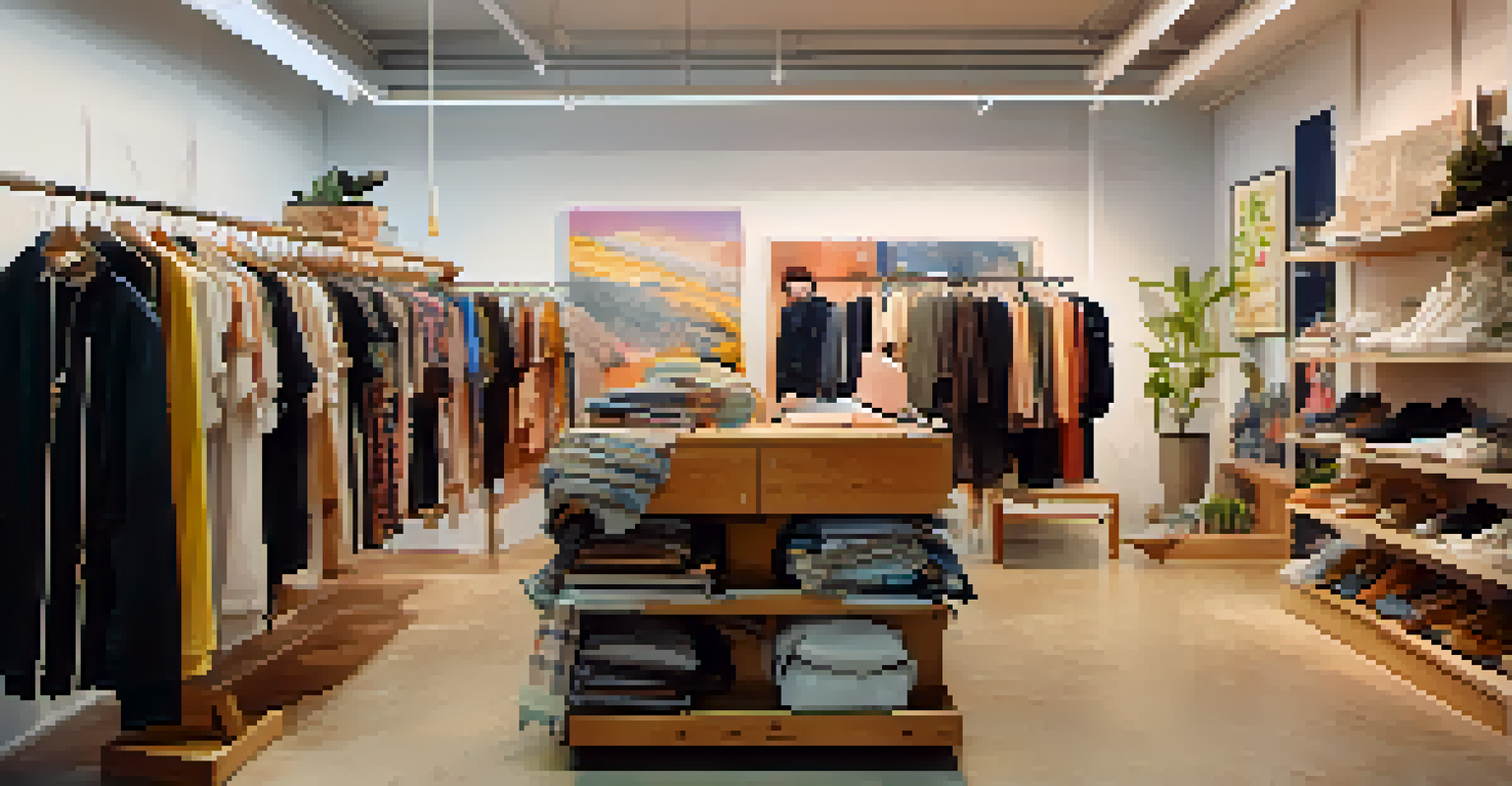 A visual contrast between a crowded fast fashion store and a calm DIY space where someone is upcycling clothes.