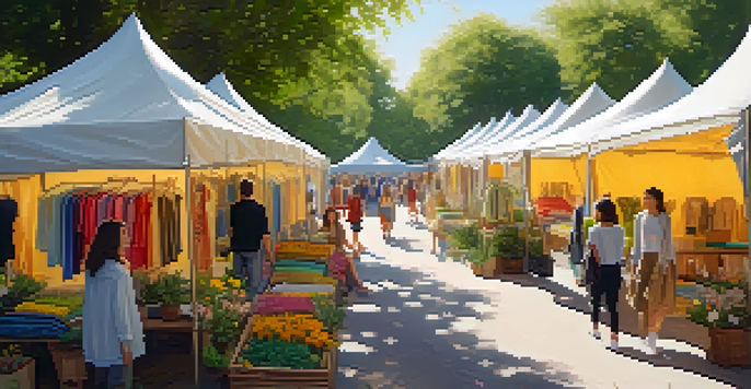 An outdoor sustainable fashion market with colorful tents and eco-friendly clothing amidst greenery and flowers.