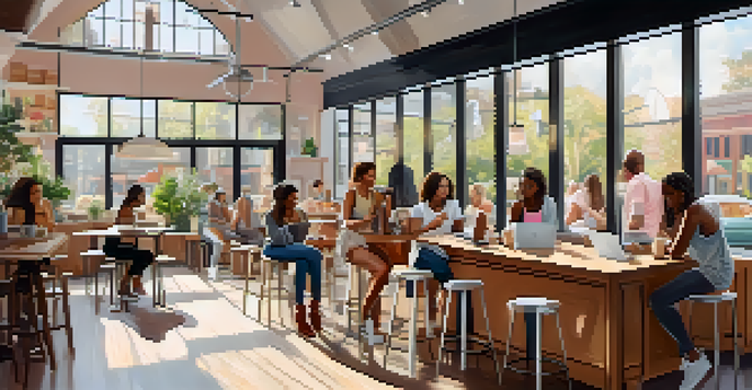 A diverse group of individuals in a coffee shop wearing stylish athleisure outfits, engaging in conversation and working on laptops.