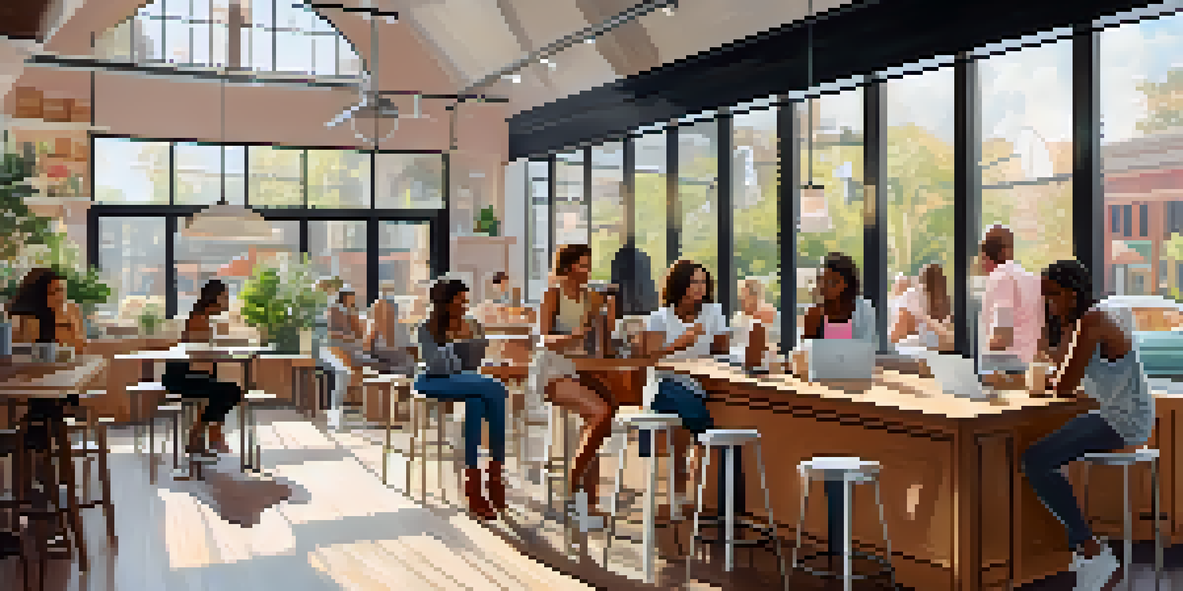 A diverse group of individuals in a coffee shop wearing stylish athleisure outfits, engaging in conversation and working on laptops.