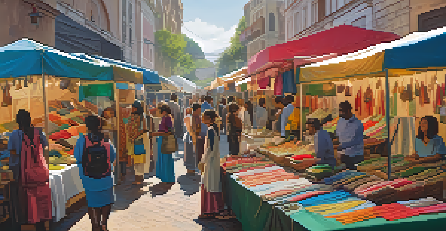 An outdoor market bustling with shoppers and vendors, showcasing ethically produced garments and promoting sustainable fashion.