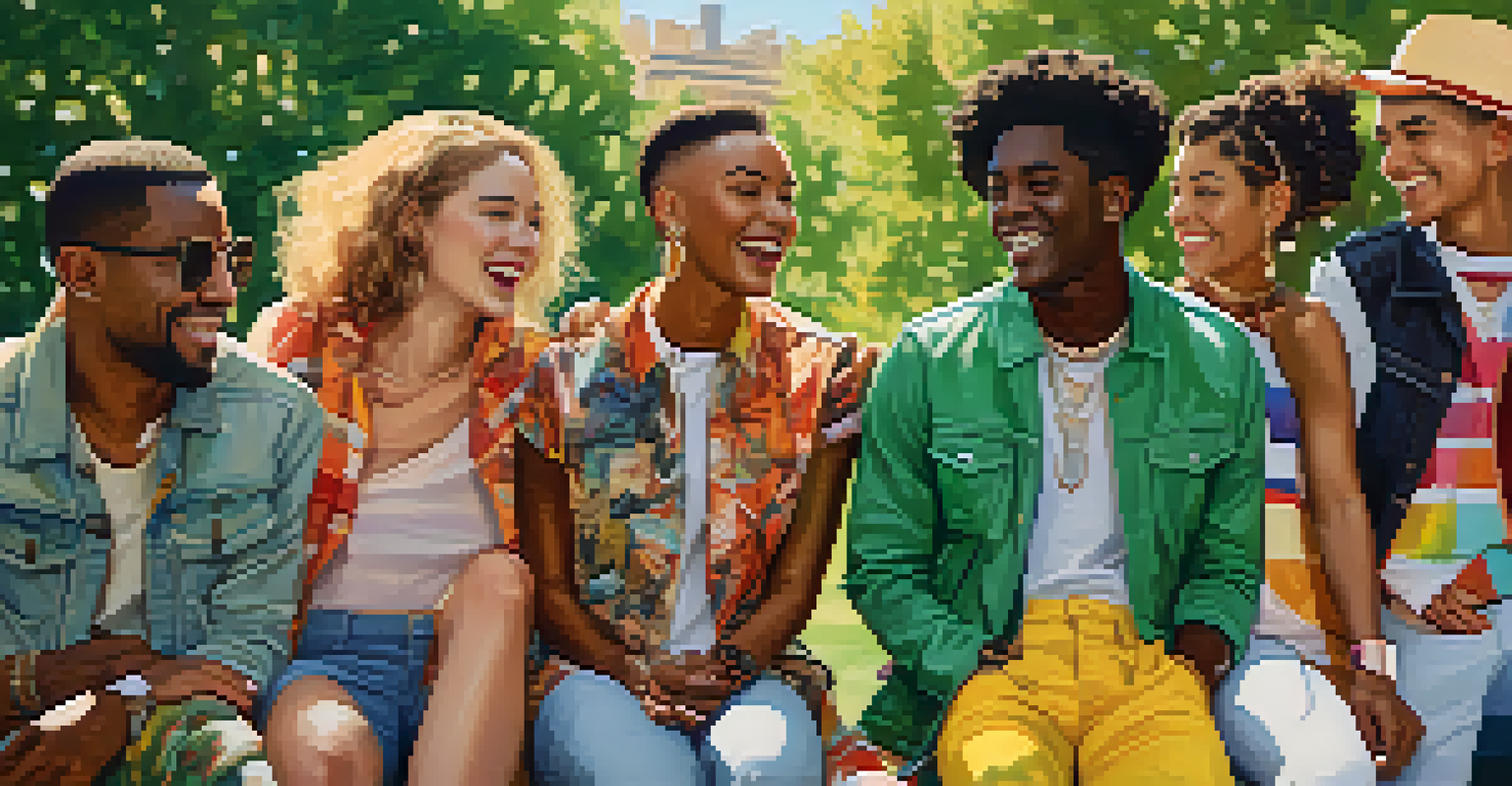 A diverse group of friends in a park wearing stylish gender-neutral outfits, laughing and enjoying their time together in a sunny outdoor setting.