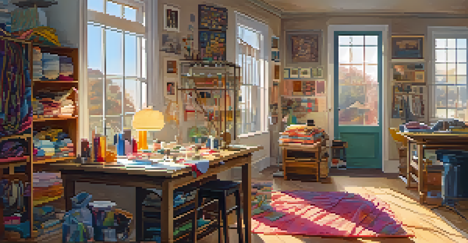 A person sewing and upcycling fabrics in a cozy indoor space filled with colorful materials and warm lighting.