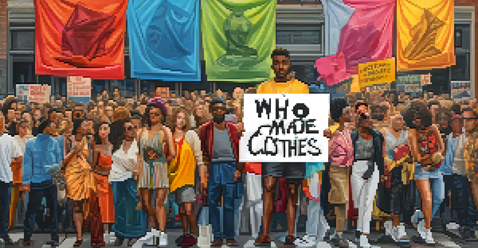 A fashion activist at a street protest holding a sign about transparency in fashion, surrounded by diverse people and urban scenery.
