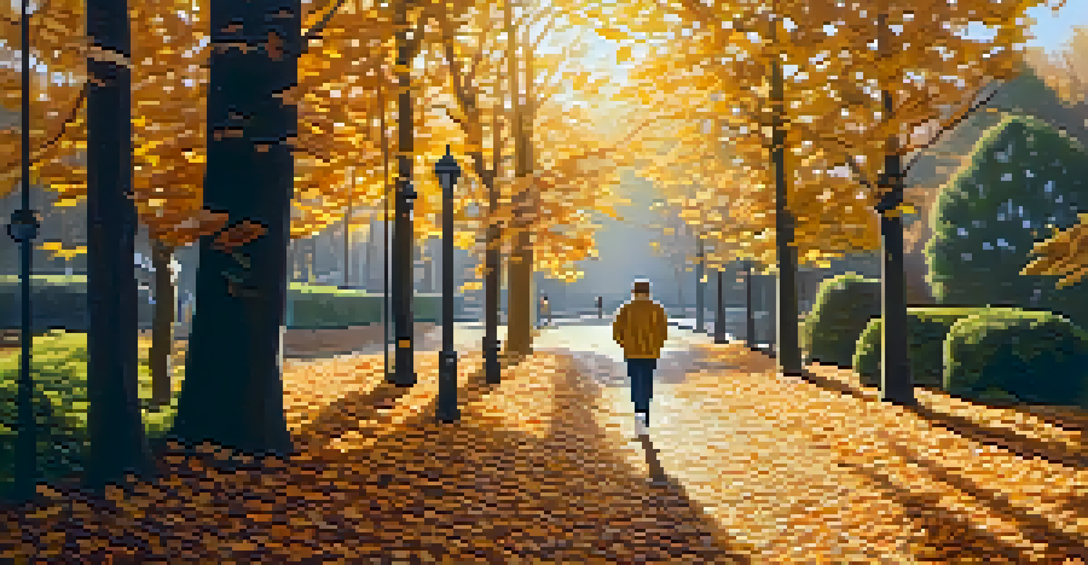 A person walking on a leaf-covered path, wearing sustainable sneakers, with sunlight creating a warm glow.