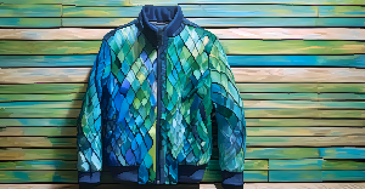 A close-up view of a stylish jacket made from recycled ocean plastics on a wooden table.
