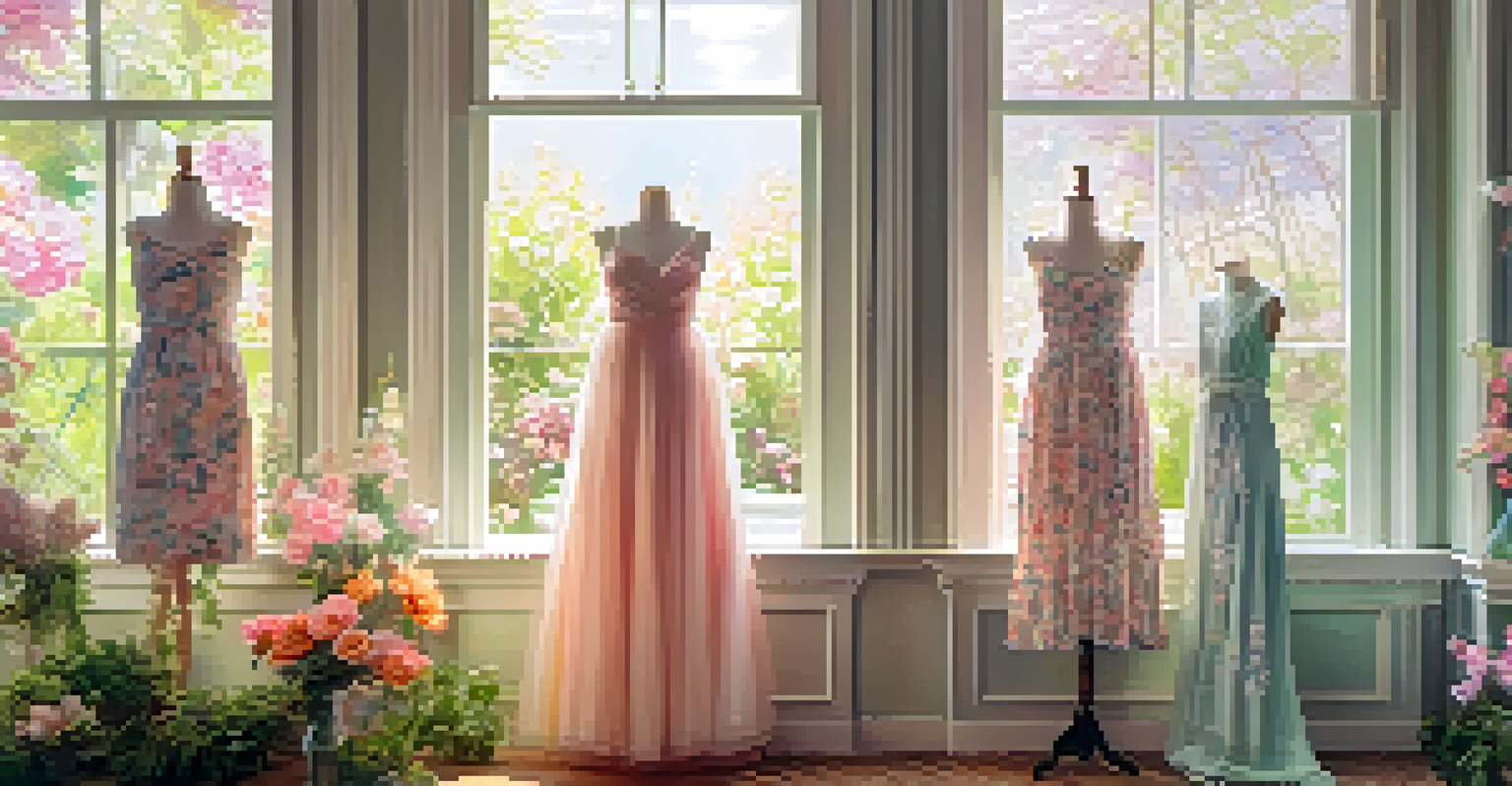 A spring-themed window display featuring floral patterns and pastel colors with a bright ambiance.