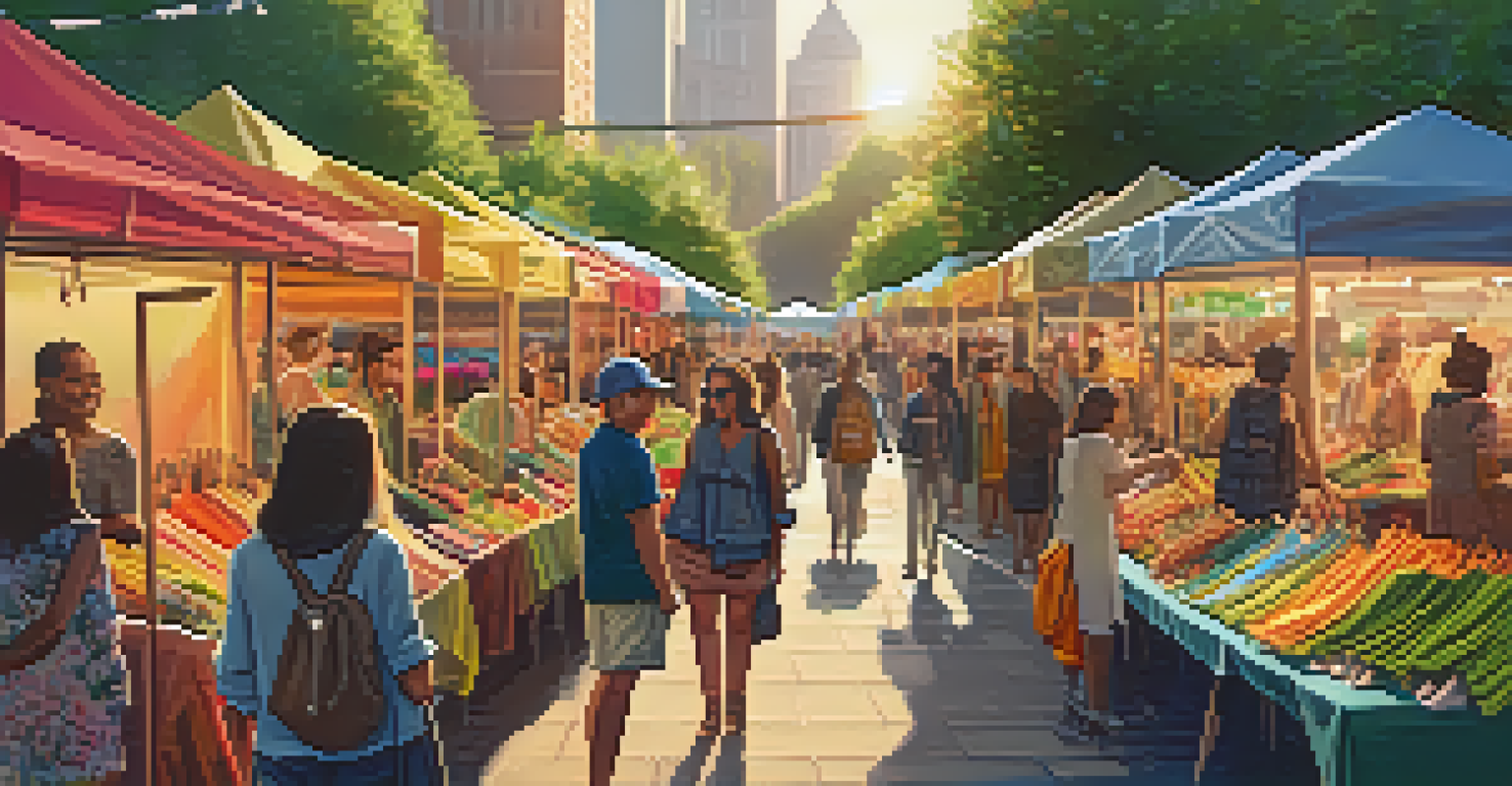 A colorful outdoor market showcasing sustainable fashion with shoppers and vendors.