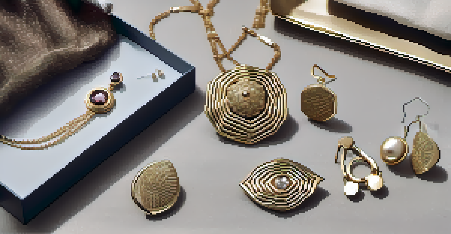A flat lay arrangement of a vintage brooch, geometric necklace, and stud earrings on a textured fabric background.