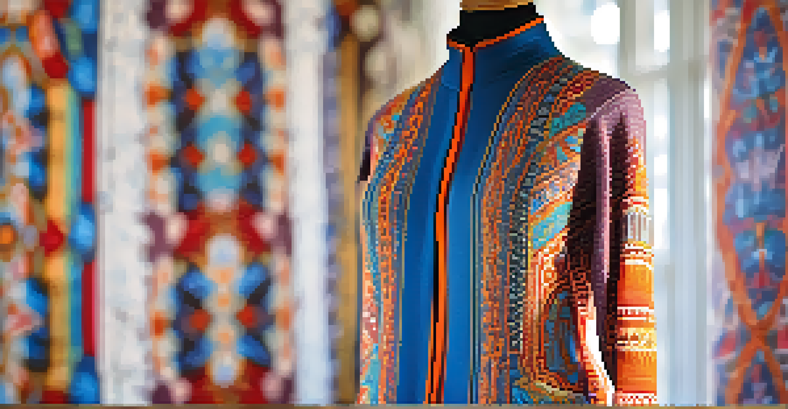 A close-up view of a personalized garment on a mannequin, showcasing intricate patterns and vibrant colors.