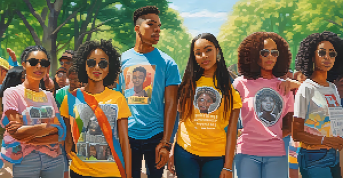 A diverse group of young activists wearing colorful protest tees in an urban park, celebrating unity and activism.