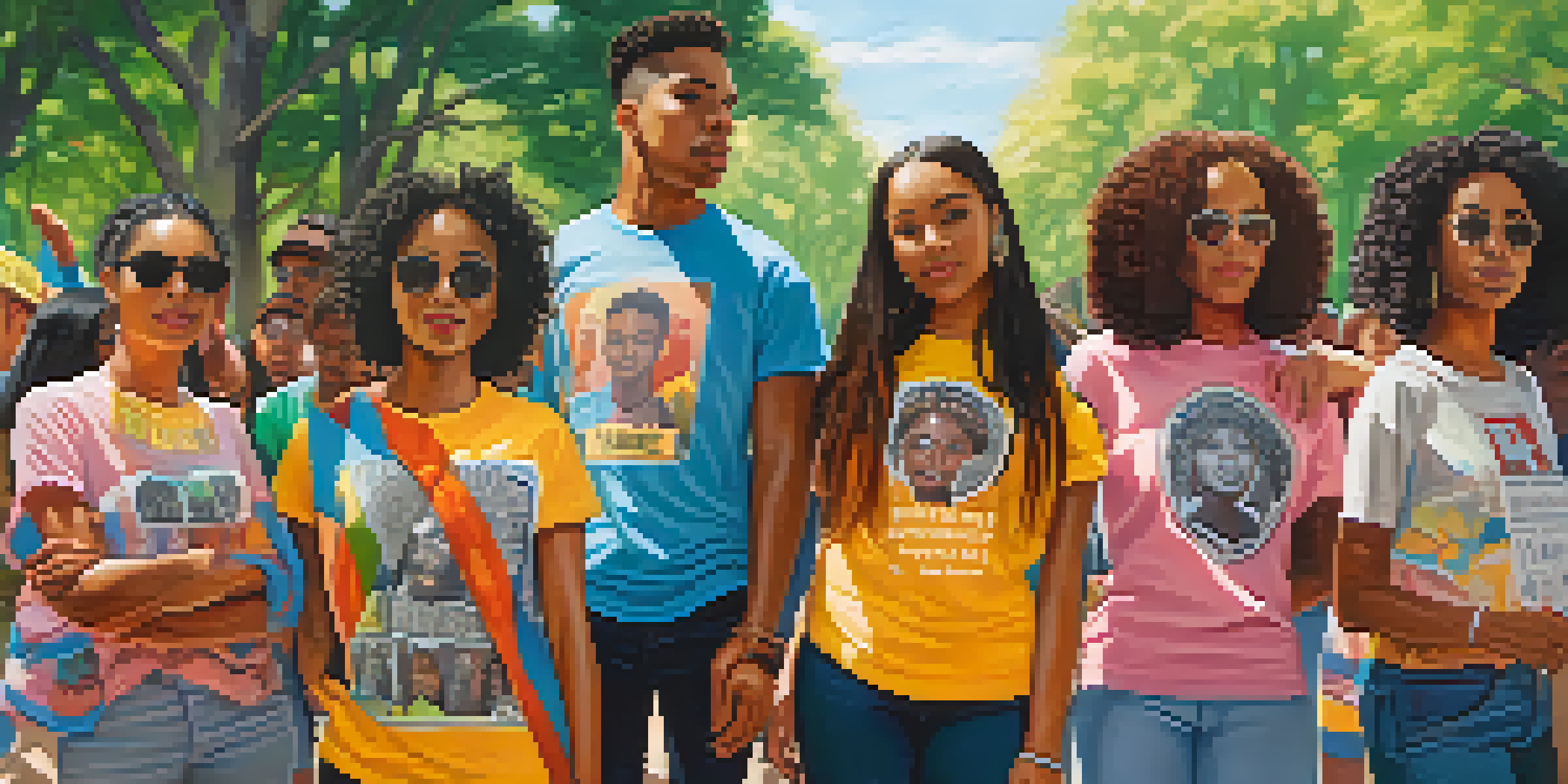 A diverse group of young activists wearing colorful protest tees in an urban park, celebrating unity and activism.